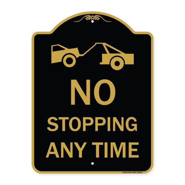 Signmission No Stopping Anytime W/ Tow Away Graphic, Black & Gold Aluminum Sign, 18" x 24", BG-1824-23581 A-DES-BG-1824-23581 - main